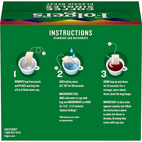 Folgers Classic Decaf bags close-up highlighting aroma and brewing ease.