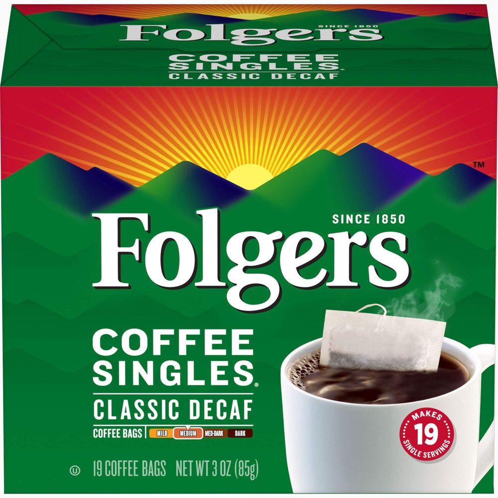 Folgers Classic Decaf box with 19 single-serve bags for easy caffeine-free mornings.