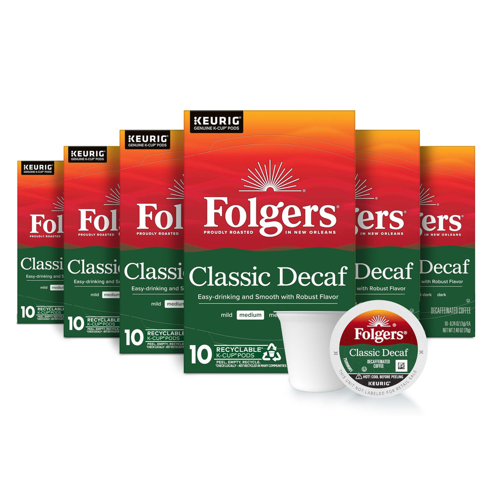 Folgers Classic Decaf K-Cup pods box front, easy office coffee option.