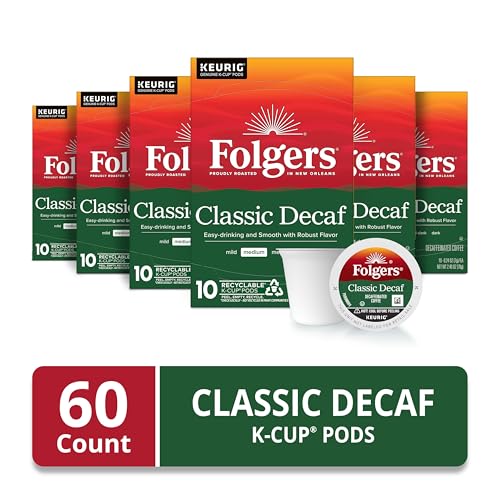 Folgers Classic Decaf K-Cup box side, six-pack packaging for home use.