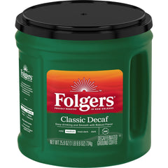 Folgers Classic Decaf ground coffee in a 25-9oz canister for fresh mornings