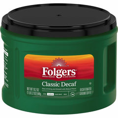 Folgers Classic Decaf ground coffee canister, smooth medium roast flavor for any time.