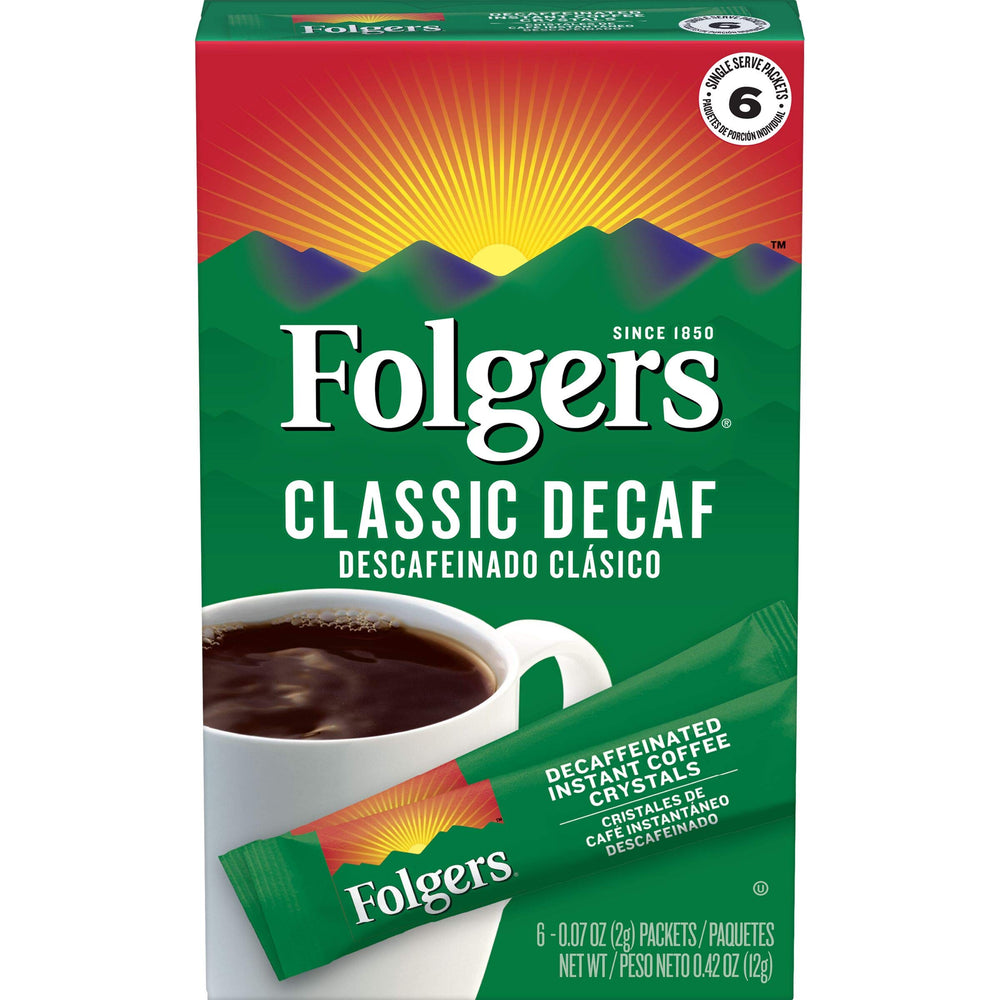 Folgers Classic Decaf instant coffee crystals in a box offer quick brew convenience.