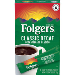 Folgers Classic Decaf instant coffee crystals in a box offer quick brew convenience.