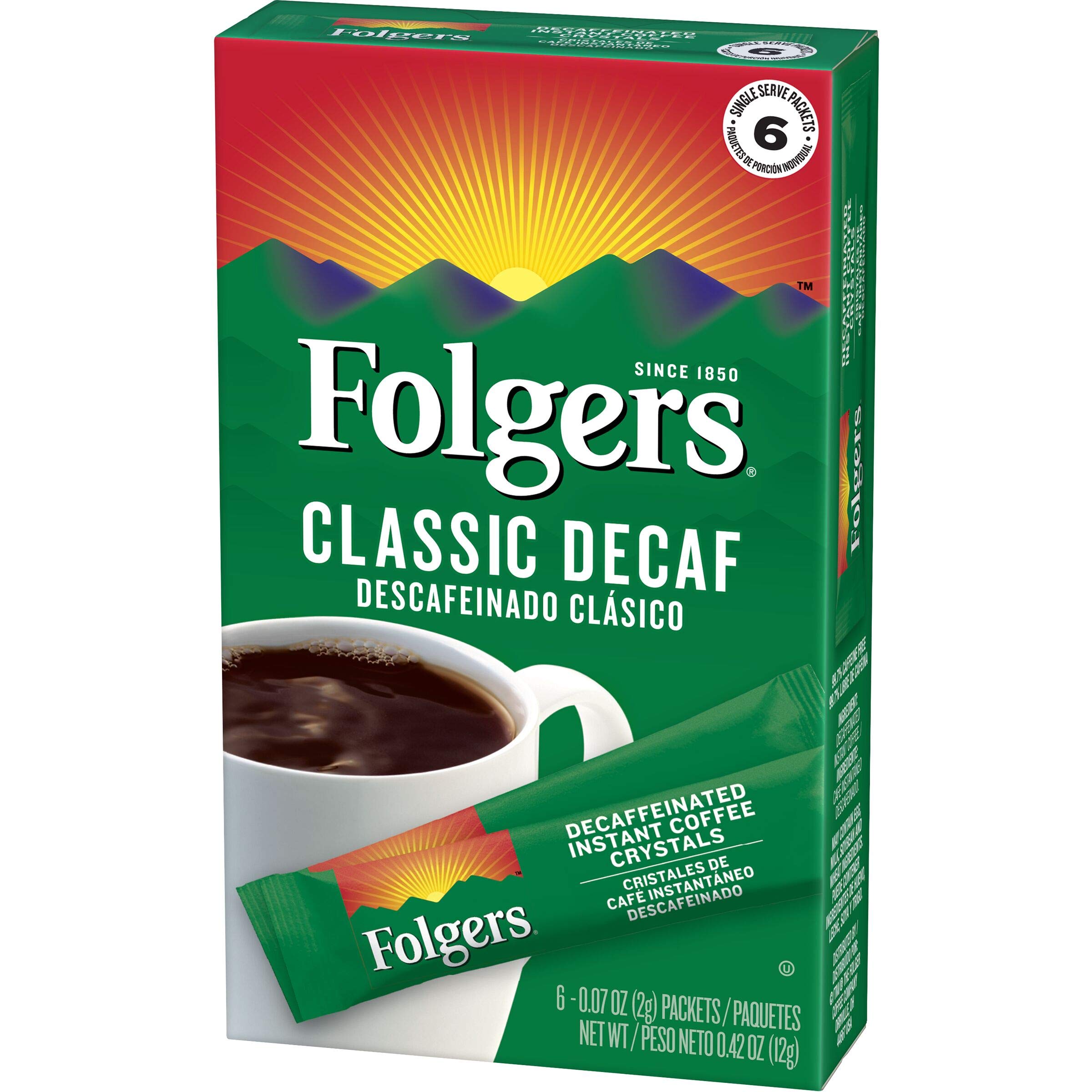 Folgers Classic Decaf cup ready with one packet for busy days.