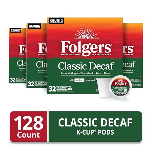 Folgers Classic Decaf K-Cups beside a steaming mug for quick brews.
