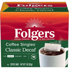 Folgers Classic Decaf single-serve box for easy morning brew.