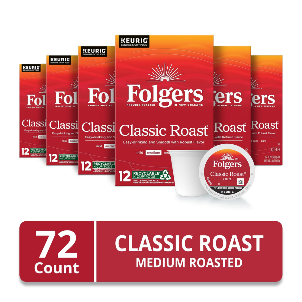 Folgers Classic Roast aroma steam rising beside a mug.