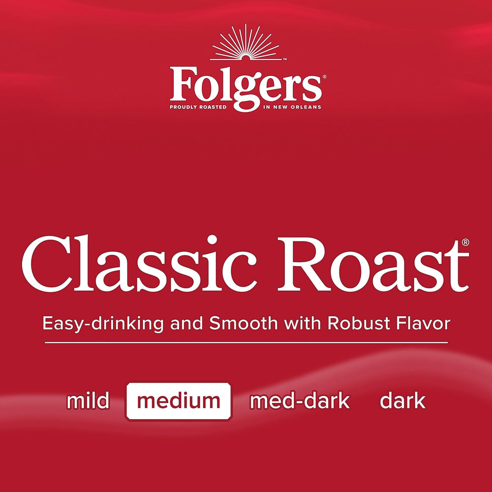 Steaming cup of Folgers Classic Roast coffee for a cozy morning.