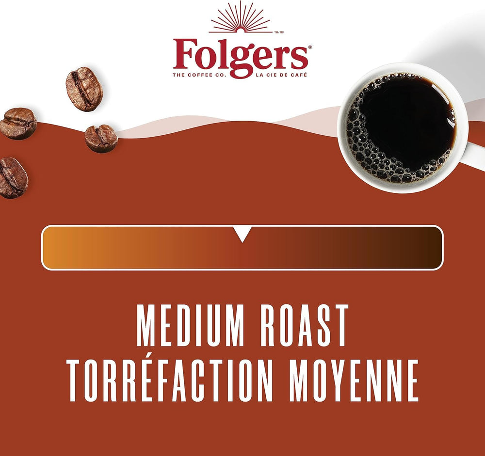 Folgers Classic Roast brewed cup in steam evokes comforting daily ritual.