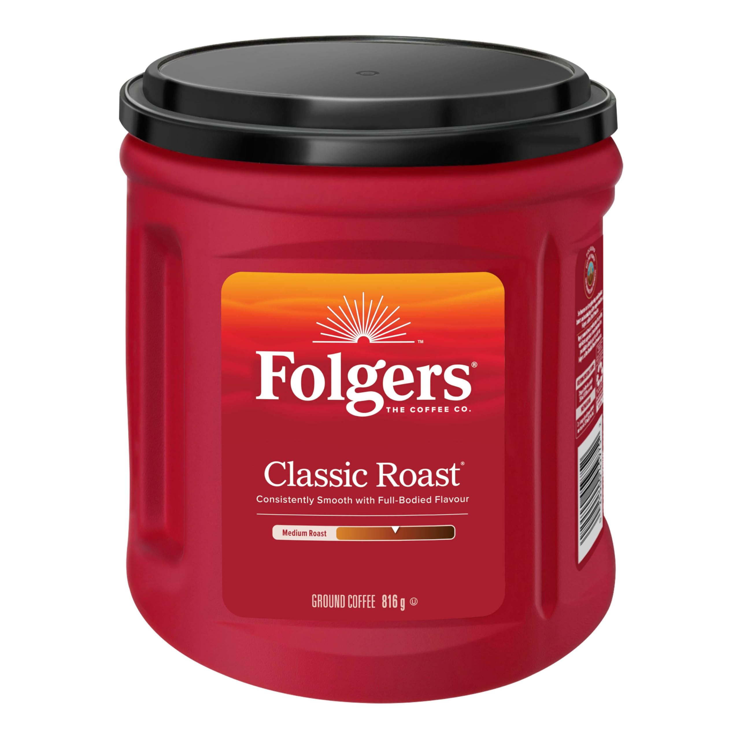 Folgers Classic Roast canister front view for easy everyday coffee at home.