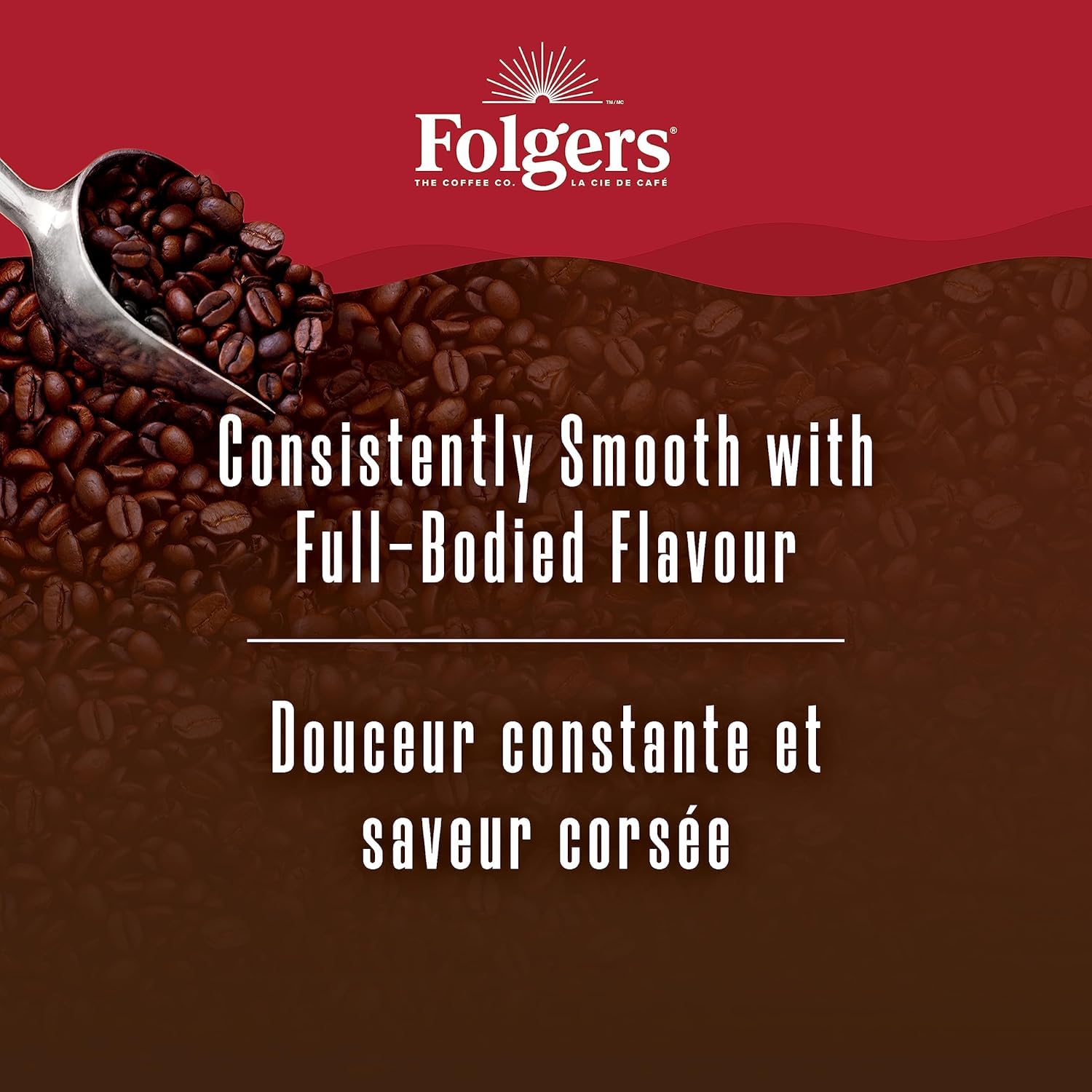 Folgers Classic Roast coffee scoop emphasizes precise measuring for consistent brews.