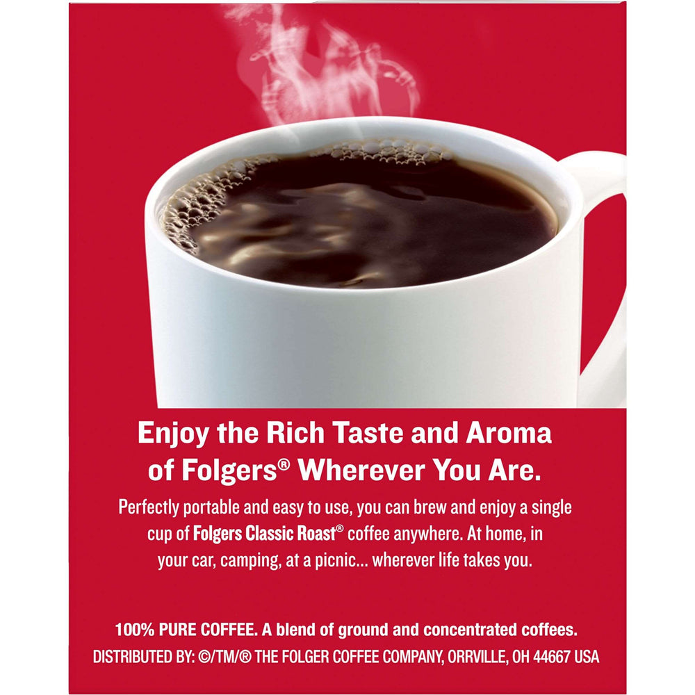Folgers Classic Roast coffee singles in a mug, ready at home or work.