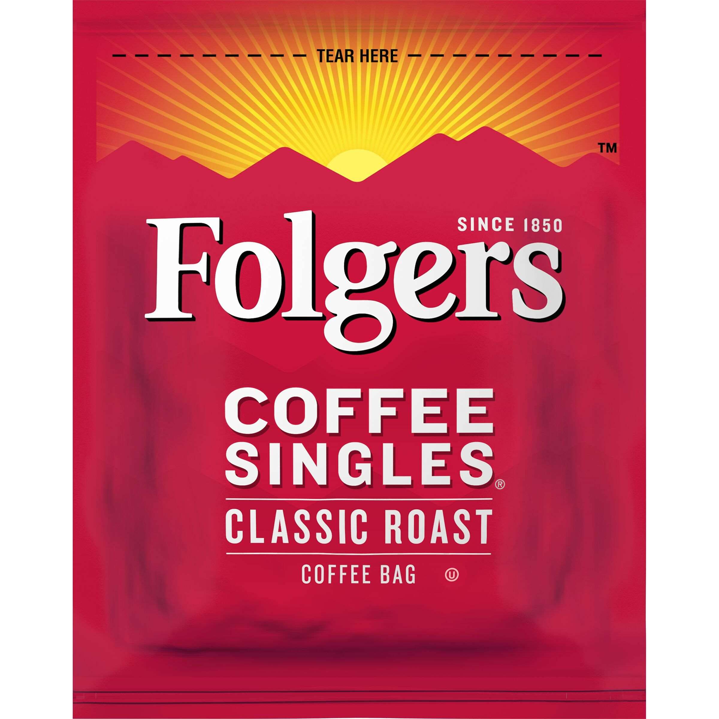 Folgers Classic Roast singles stacked packets for pantry convenience.