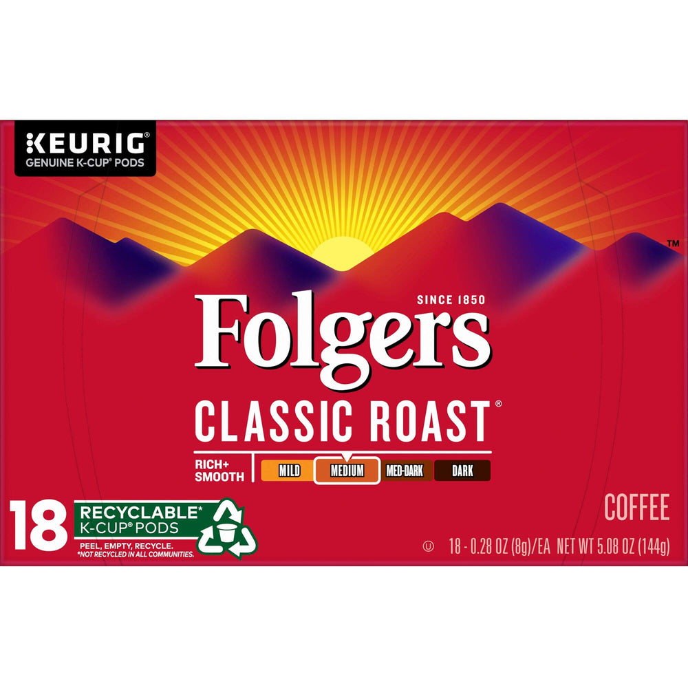 Folgers Classic Roast coffee pod pouring into a cup, smooth aroma for morning rituals.
