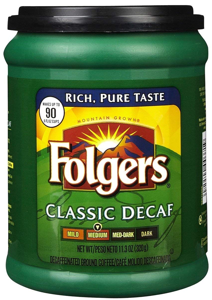 Folgers Classic Roast Decaf Ground Coffee 11.3 oz—aromatic, caffeine-free morning ritual.
