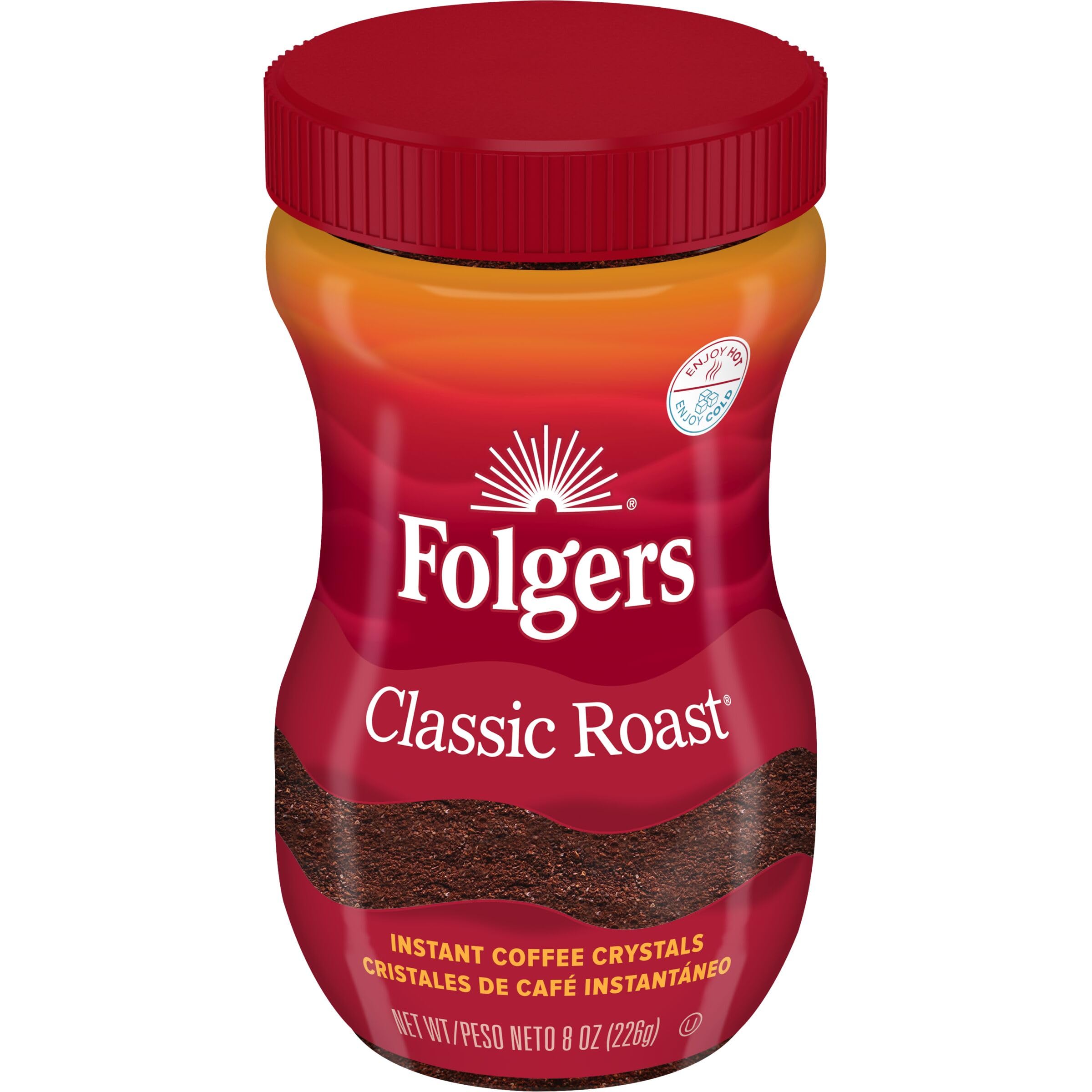 Folgers Classic Roast Instant Coffee jar on a kitchen counter for quick brewing.