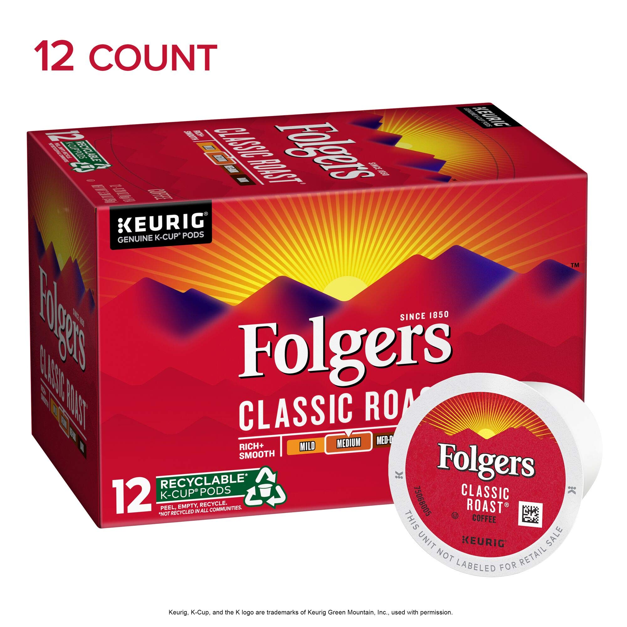 Closeup of Folgers Classic Roast K-Cup pods showing packaging and design.