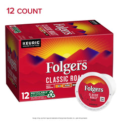 Closeup of Folgers Classic Roast K-Cup pods showing packaging and design.