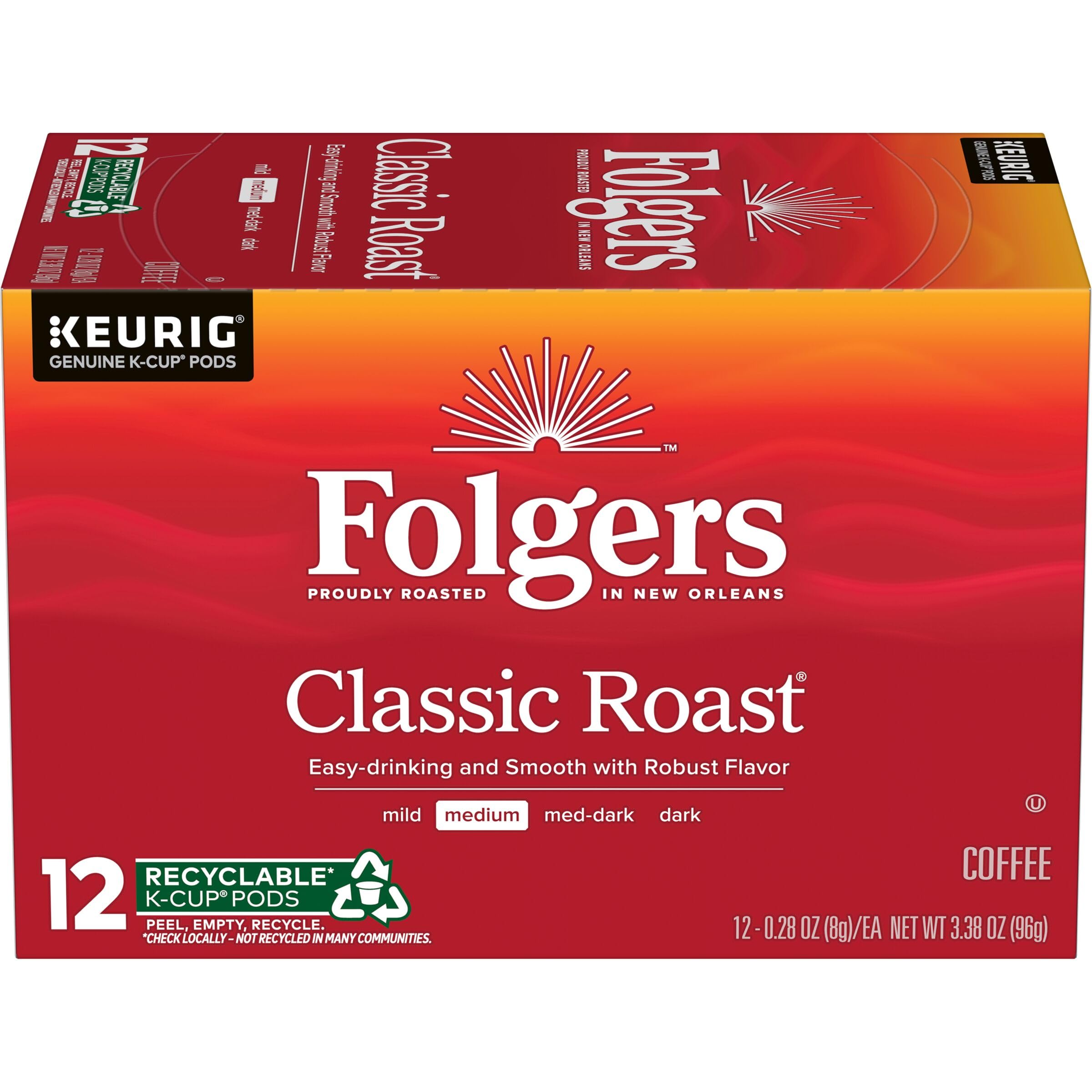 Folgers Classic Roast K-Cup pods on front view, ideal for quick morning routines.