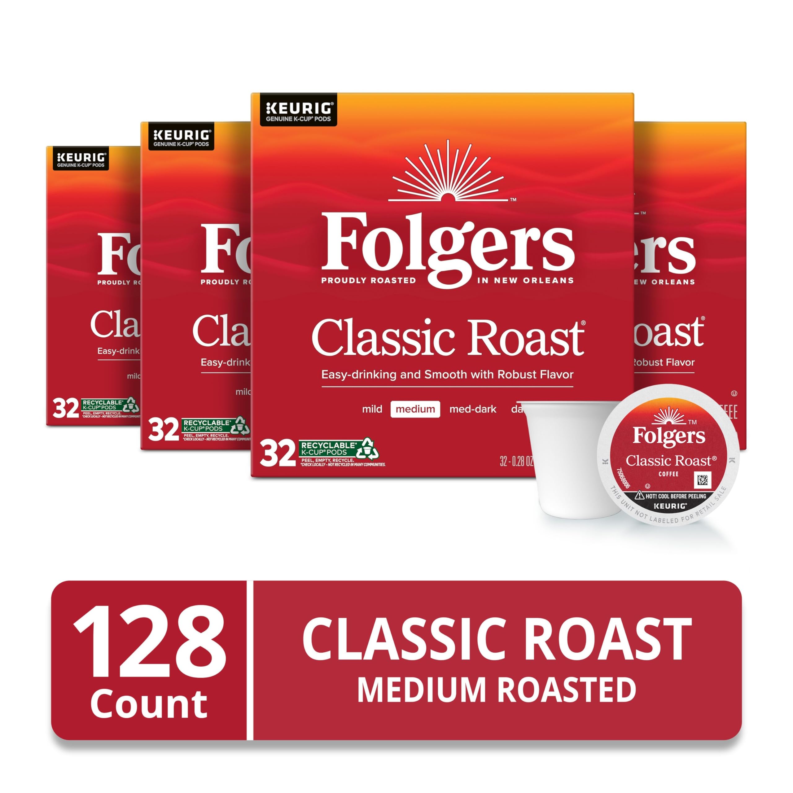 Folgers Classic Roast K-Cup pods close-up highlight quick brews.