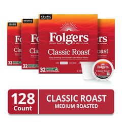 Folgers Classic Roast K-Cup pods close-up highlight quick brews.