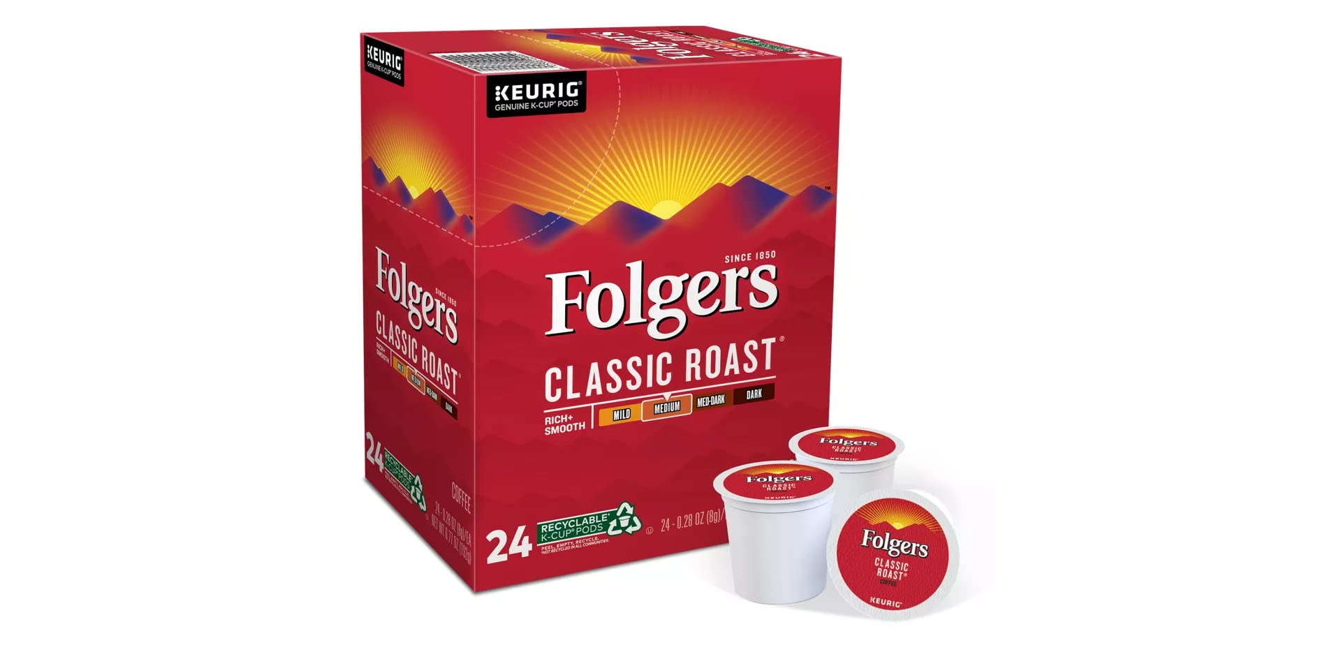 Folgers Classic Roast K-Cup pack highlights value in a 48-count box.