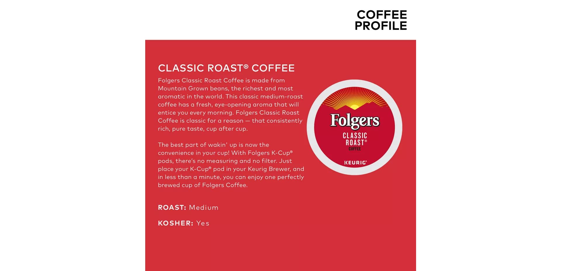 Folgers Classic Roast K-Cup package front shows Keurig compatibility.