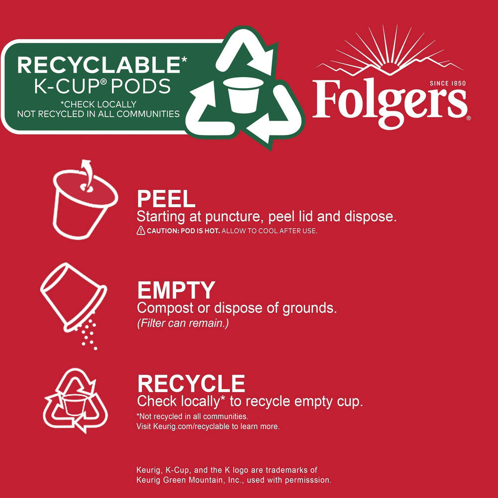 Folgers Classic Roast K-Cup pods closeup highlighting aroma and freshness.