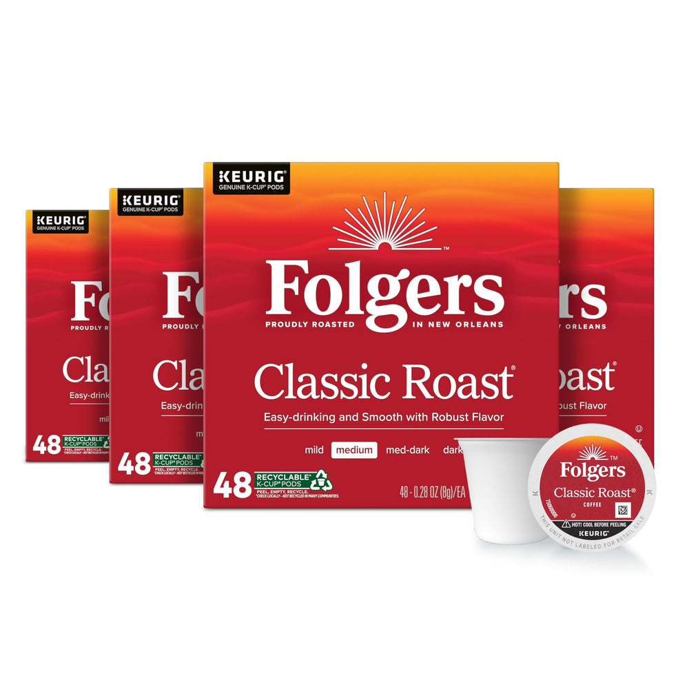 Folgers Classic Roast K-Cups boxes offer convenient four 48-count bundles for quick mornings.