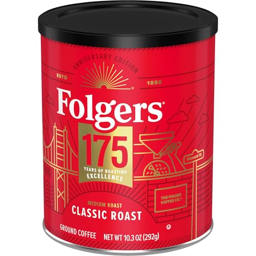 Close-up of Folgers Classic Roast label on the metal can.
