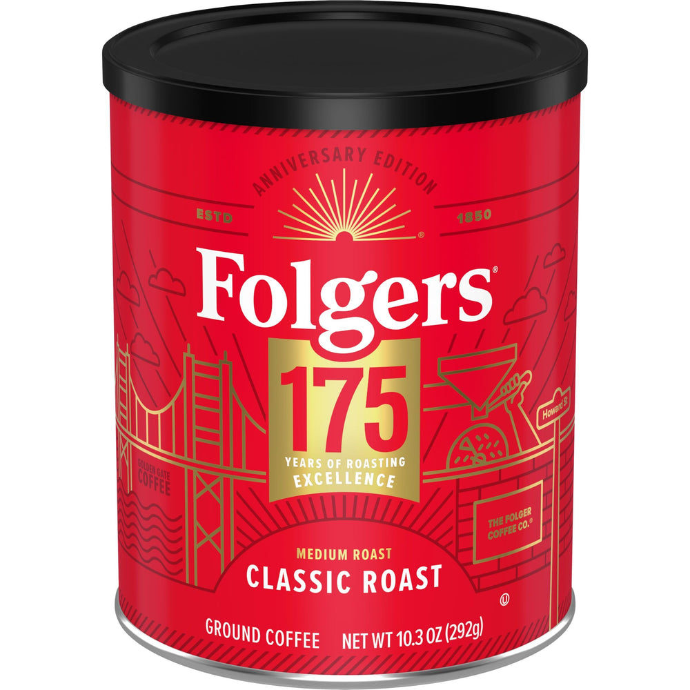 Folgers Classic Roast in 175th anniversary metal canister, collectible design.
