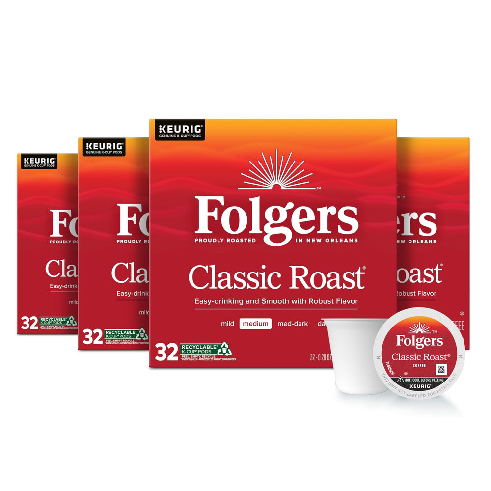 Folgers Classic Roast packaging boxes show convenient bulk coffee solution.