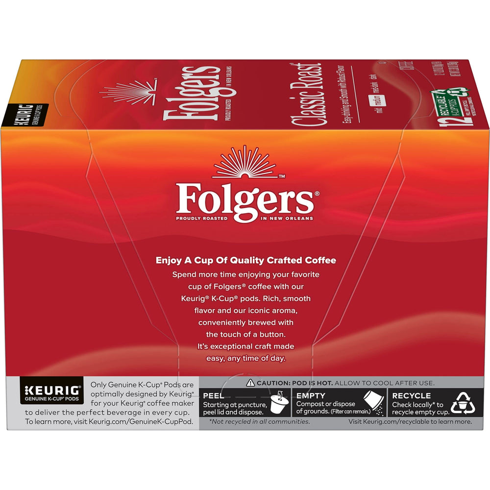 Folgers Classic Roast packaging and pods, showcasing simple single-serve convenience.