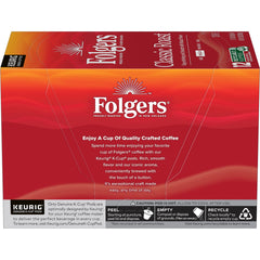 Folgers Classic Roast packaging and pods, showcasing simple single-serve convenience.