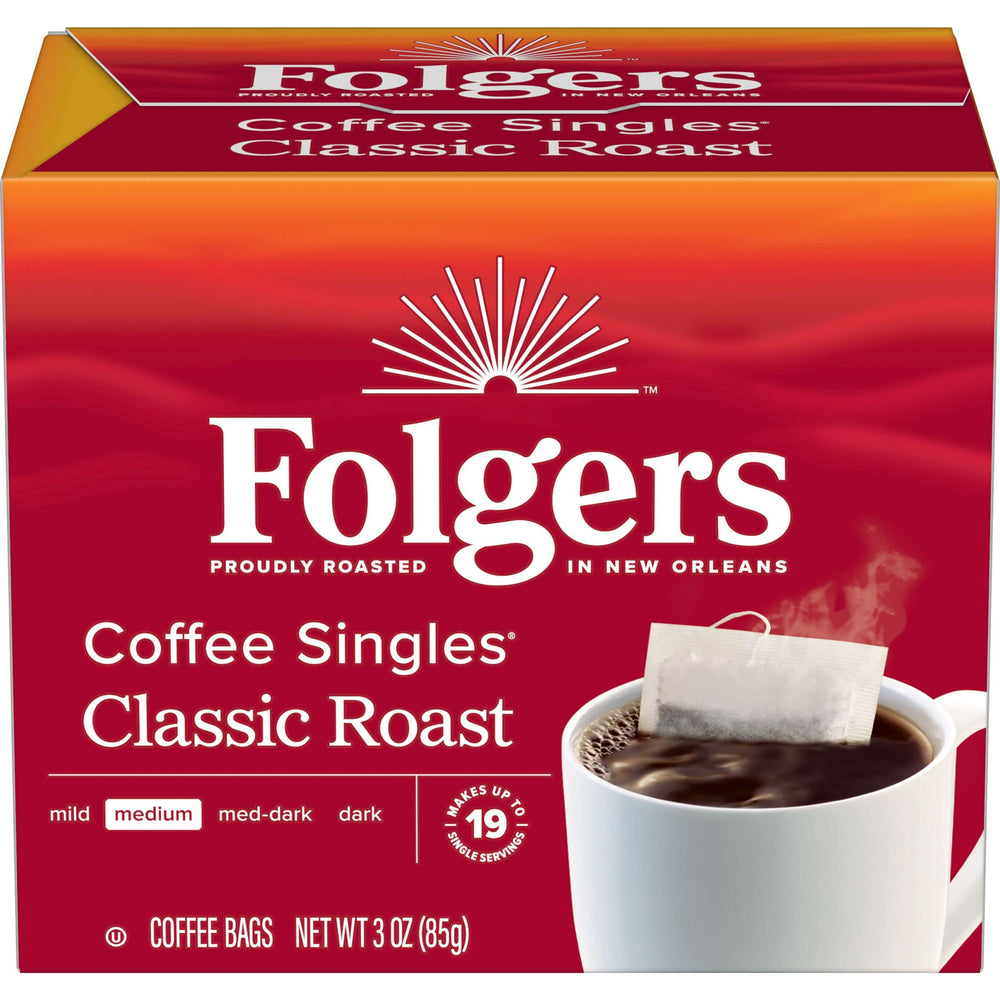 Folgers Classic Roast single-serve packets for quick, fresh coffee at home or on the go.
