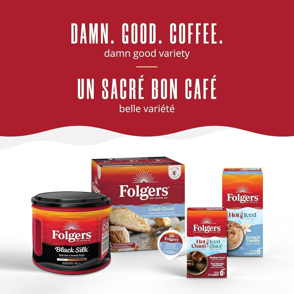 Folgers Classic Roast steaming cup captures inviting aroma and warmth.