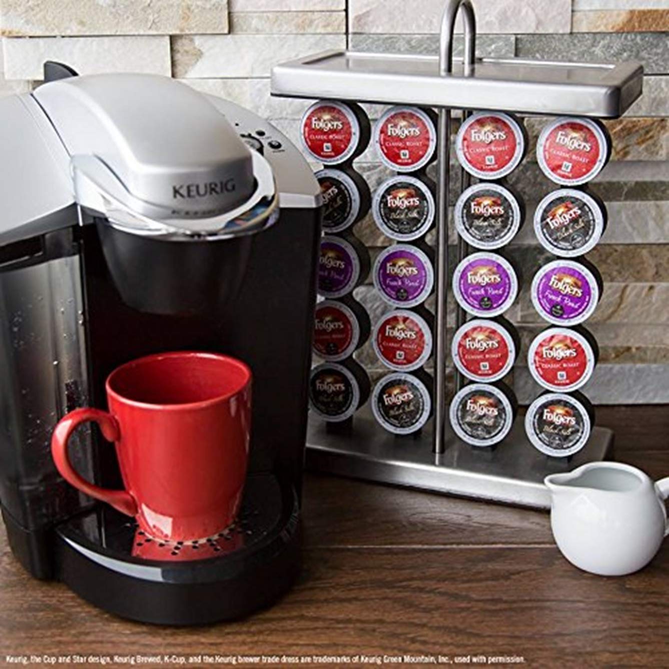 Brewing Folgers coffee pods into a cup for a quick, balanced cup.
