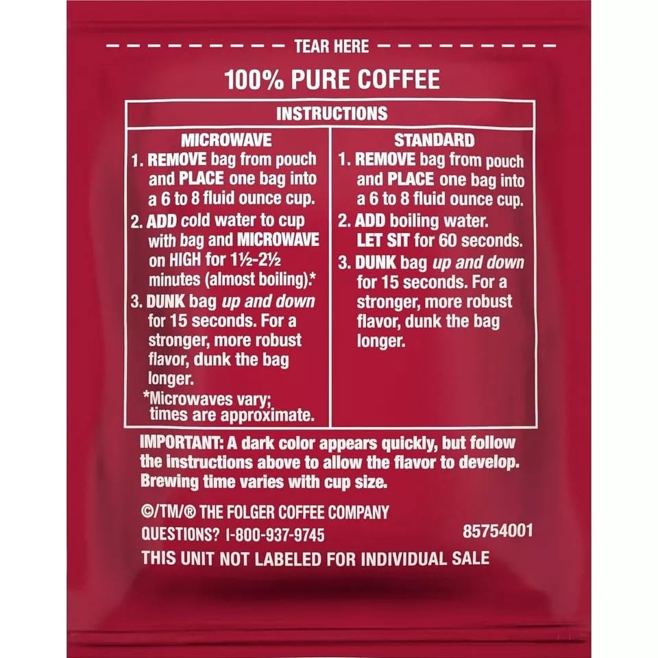Folgers Coffee Singles box back highlights convenient 19-pack for fresh, easy brewing.