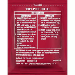 Folgers Coffee Singles box back highlights convenient 19-pack for fresh, easy brewing.
