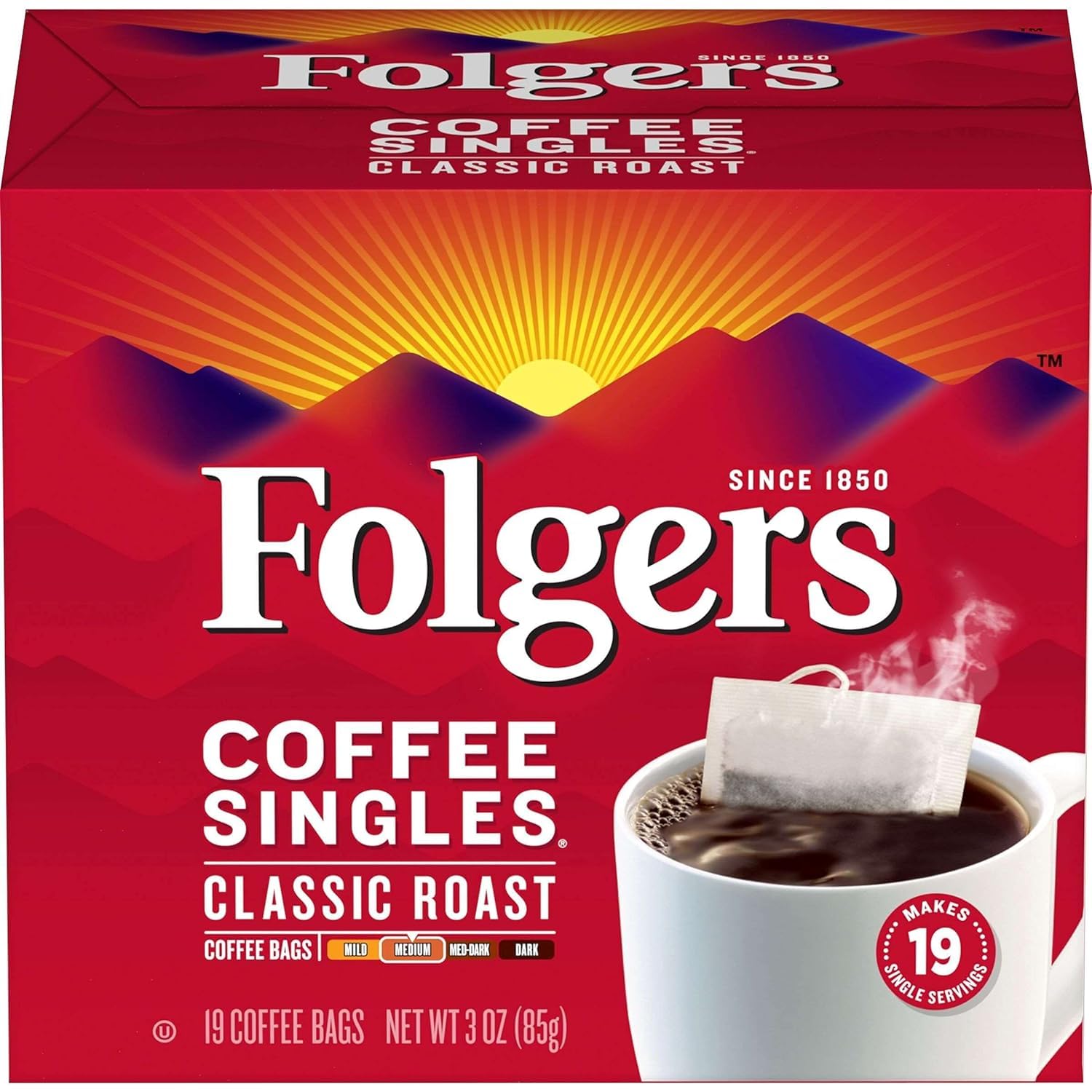Folgers Coffee Singles box front showing 19-pack for quick, flavorful mornings.