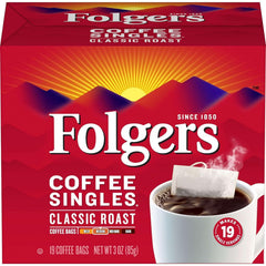 Folgers Coffee Singles box front showing 19-pack for quick, flavorful mornings.