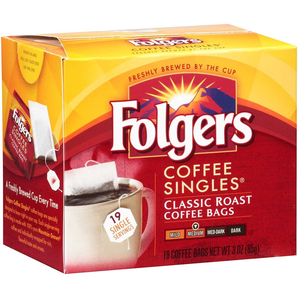 Folgers Coffee Singles box packaging shows 19 packets for easy, mess-free brewing.