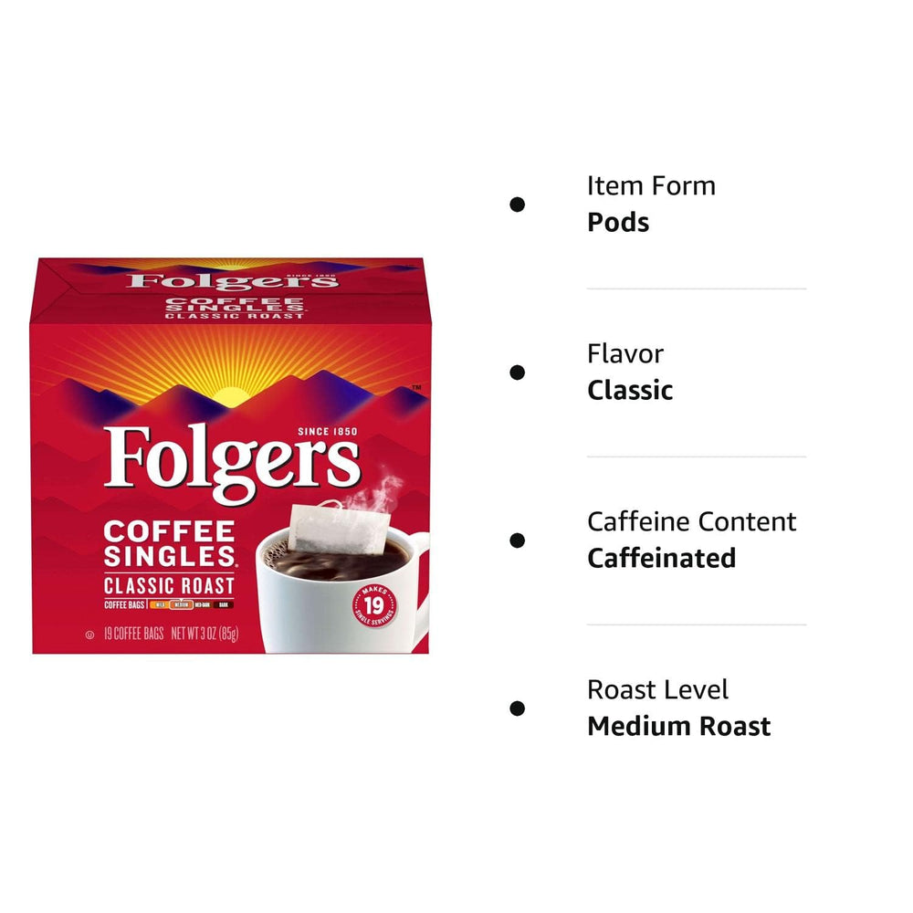 Folgers Coffee Singles on kitchen counter beside mug and sugar packets.