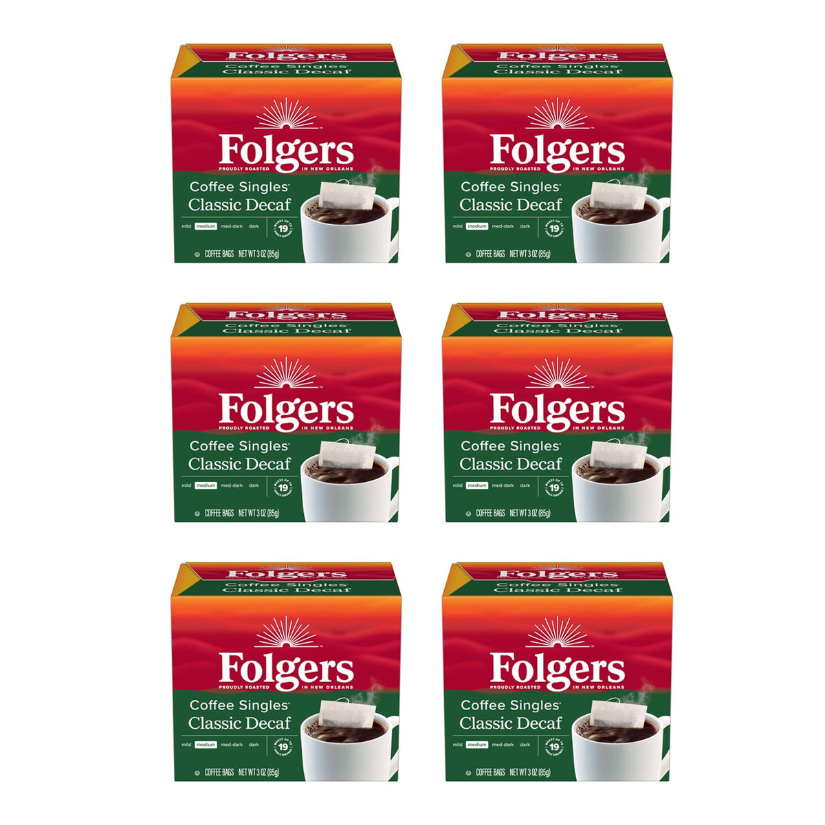 Folgers coffee singles boxes on the counter for quick decaf mornings.