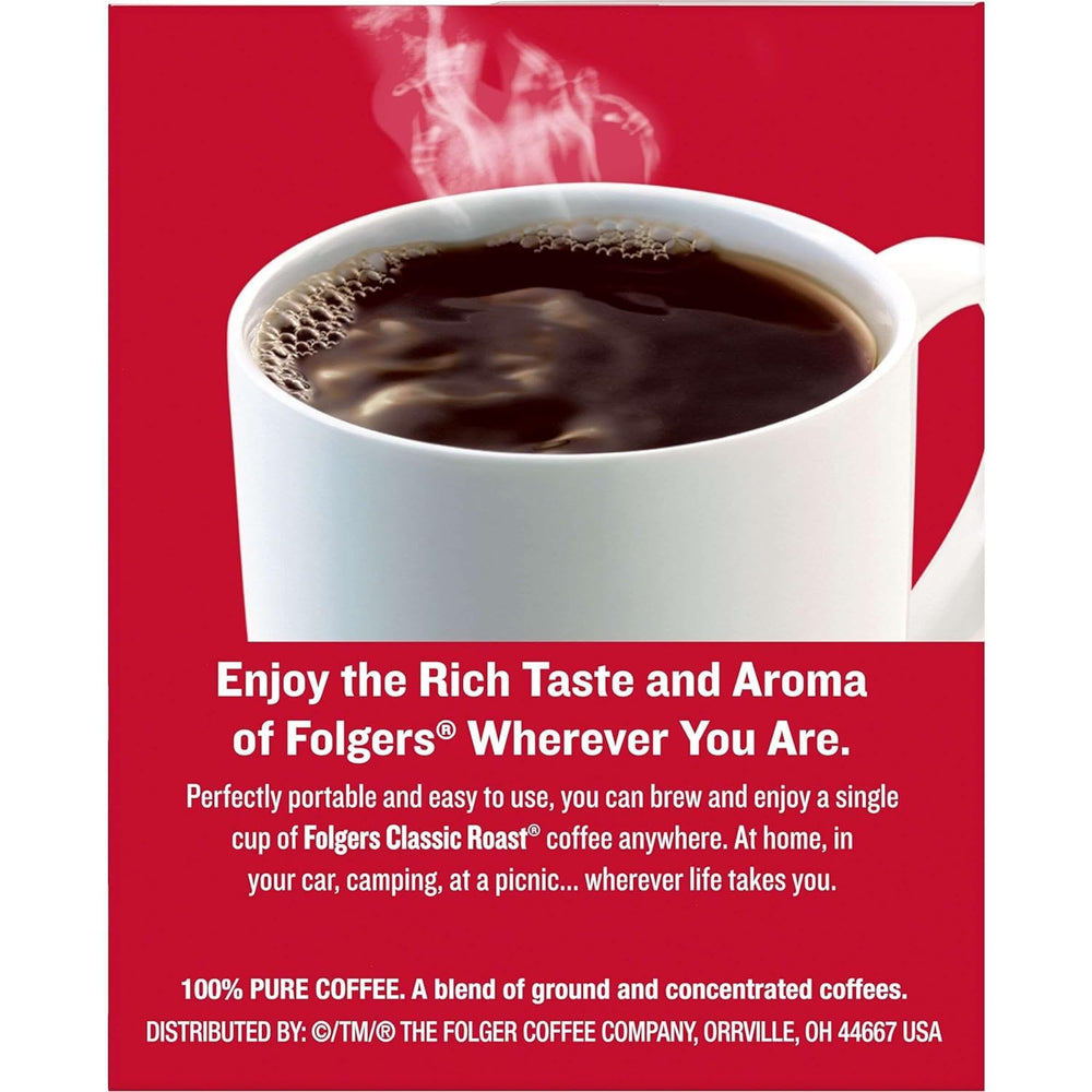 Folgers Coffee Singles in an office desk tray for quick breaks.