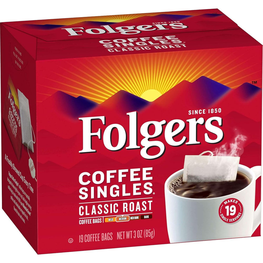 Folgers Coffee Singles open pouches showing pre-measured portions for consistent cups.