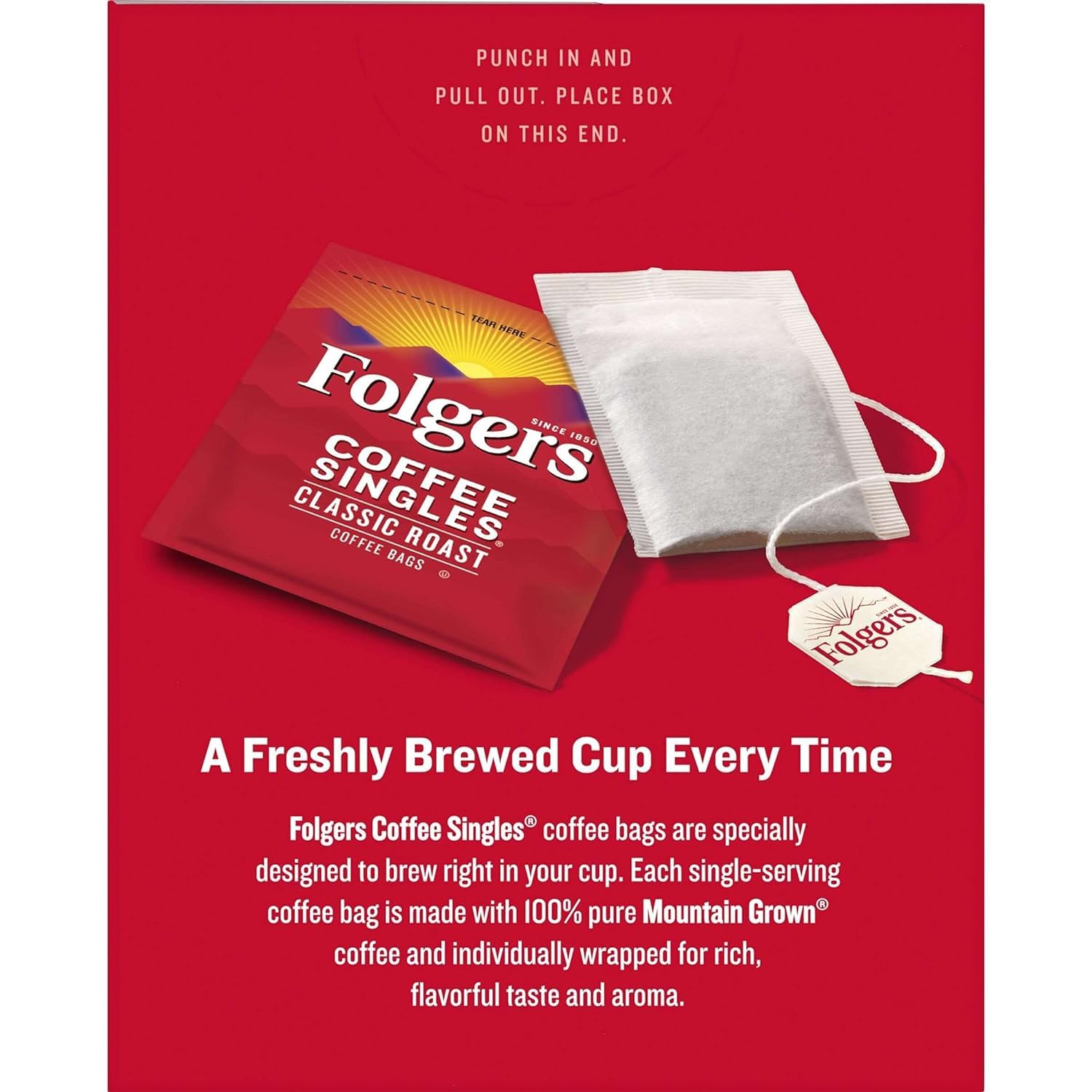 Folgers Coffee Singles packaging closeup focusing on fresh-roasted scent.