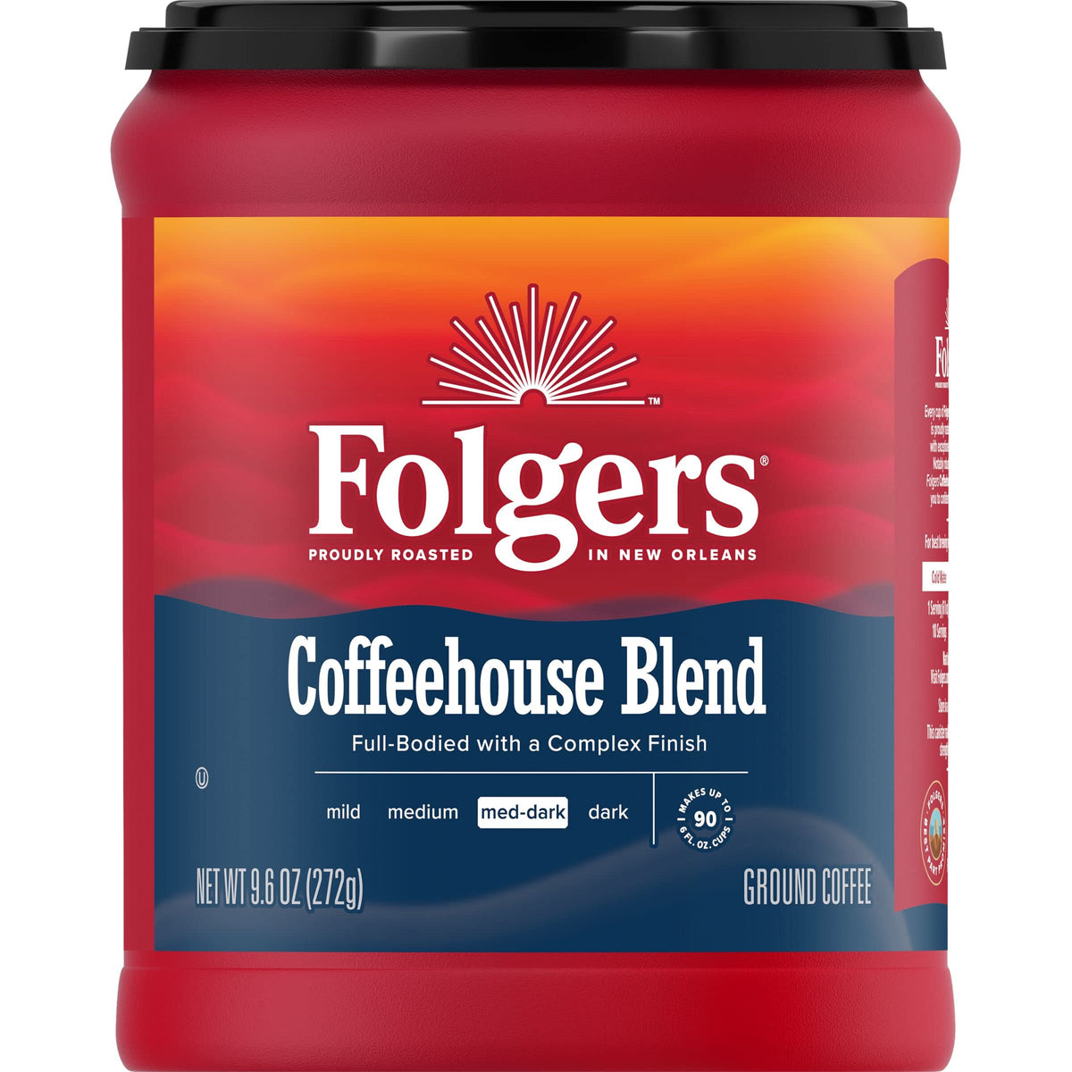 Folgers Coffeehouse Blend canister front, freshness for daily brewing.