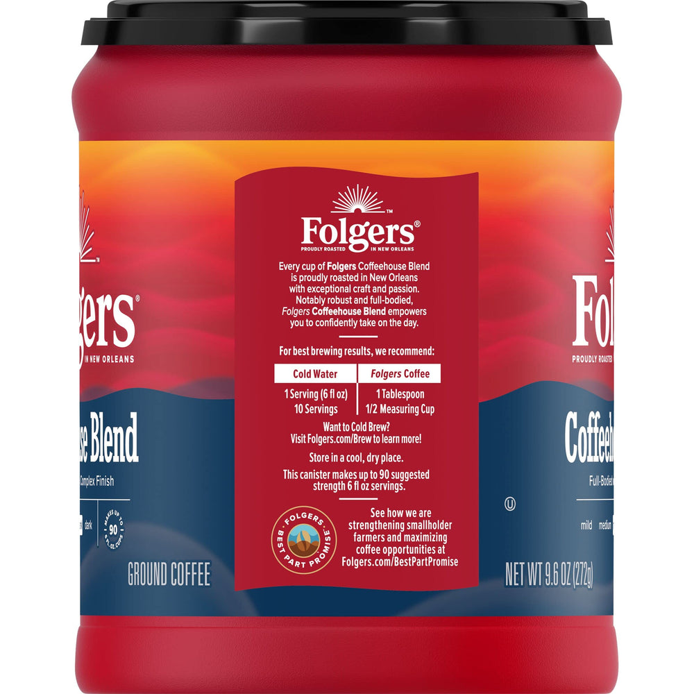 Folgers Coffeehouse Blend ground coffee being poured for any brew method.